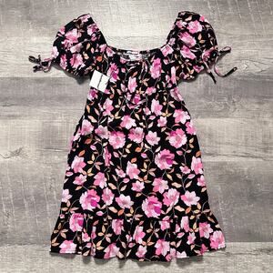 Charlotte Russe Pink Floral Puff Sleeve Black Mini Dress NEW Womens M Ruffle Hem